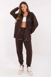 ensemble survêtement femme loungewear chocolat molleton doux oversize sweat capuche zippé fermeture métallique poches latérales jogging taille haute