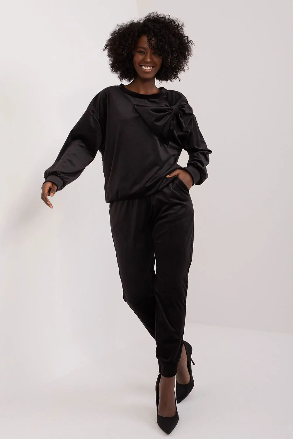 Ensemble coordonné Italy Moda deux pièces femme noir élégant décontracté haut sweatshirt pantalon velours polyester