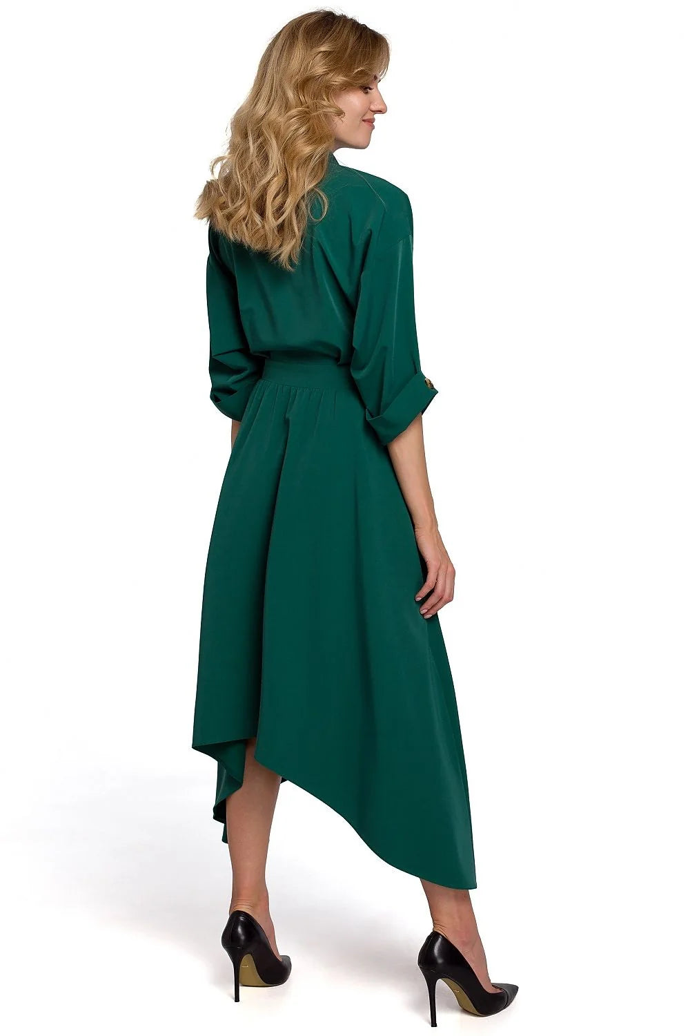 Robe noire asymétrique polyester chic moderne femme élégante manches longues boutons dorés urbain chic