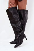 cuissardes femme similicuir noir tige haute tombé froncé talon aiguilles fin 7cm bout pointu élégant sensuel urbain soirée