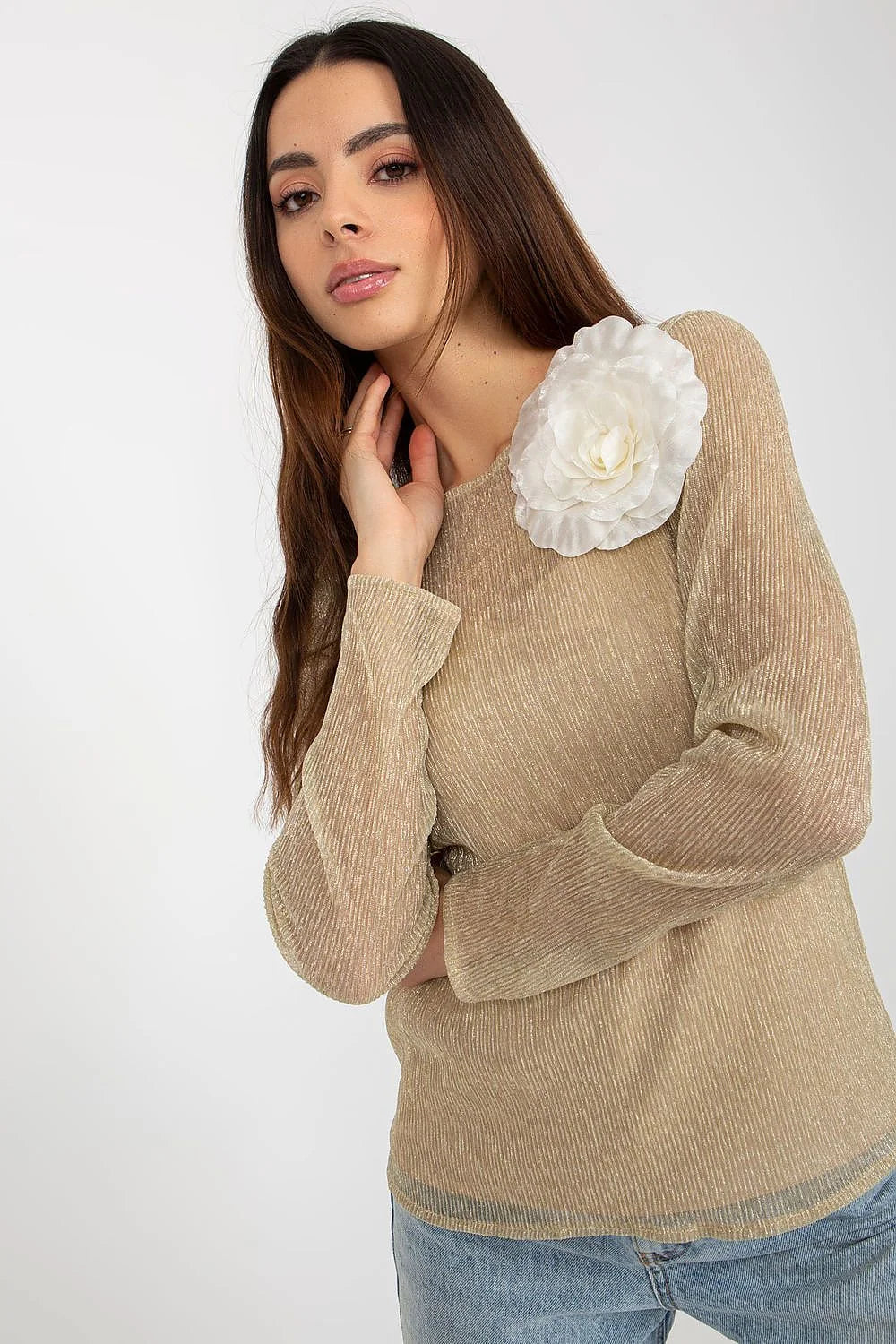 Chemisier Lakerta élégant pour femme en polyester 100% manches longues encolure ronde fleur décorative