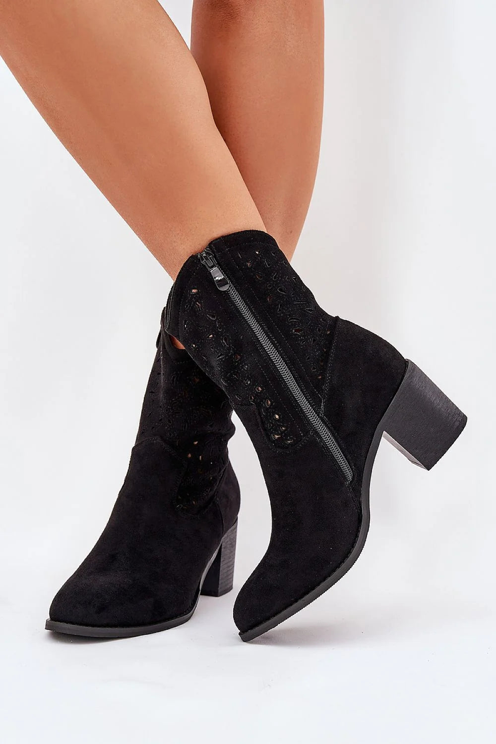 Bottes à talons épaisses en daim perforé style western femme, couleur noire, mi-mollet, fermeture éclair, confortable, mode élégante