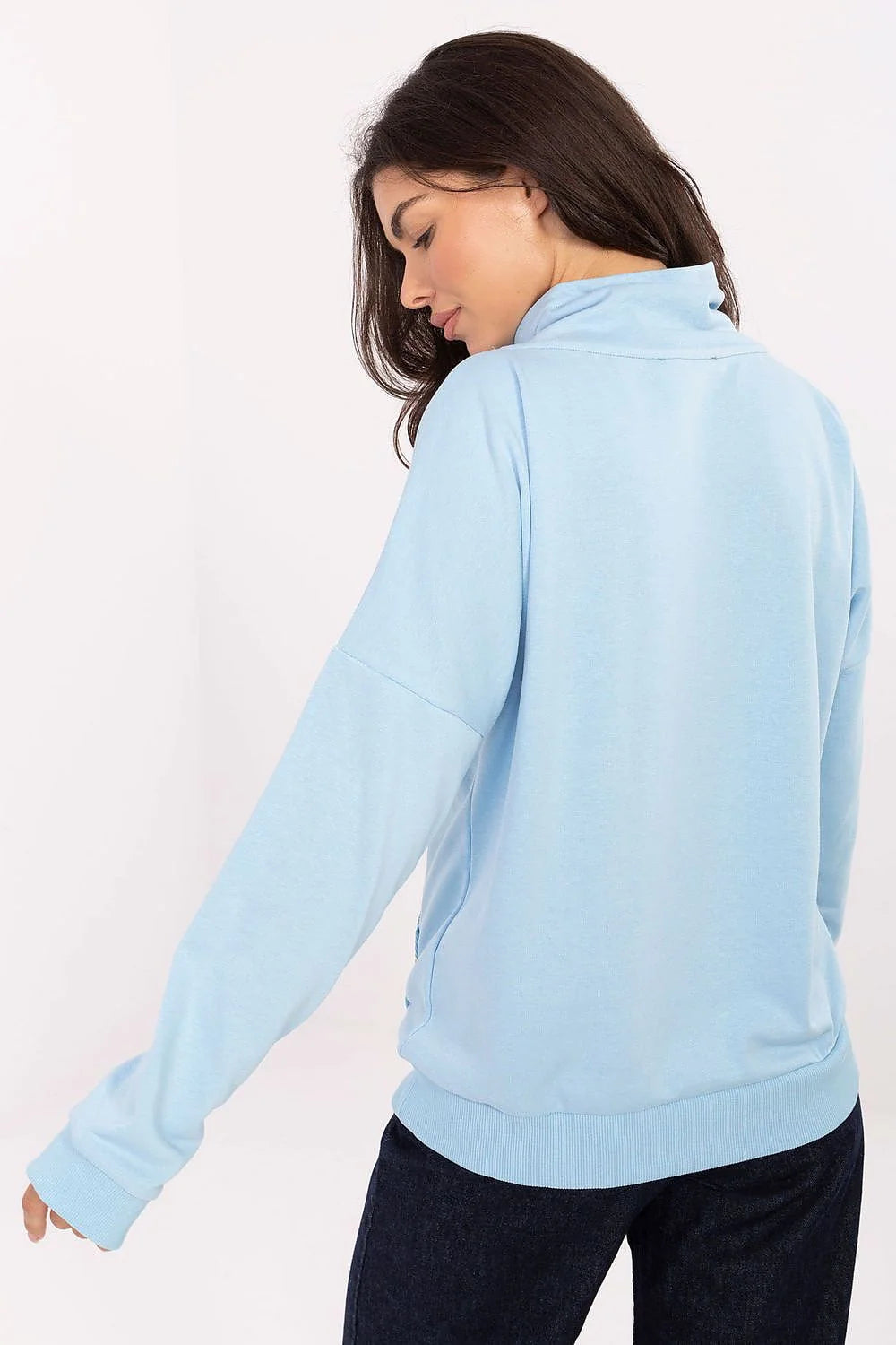 sweatshirt femme décontracté coton élasthanne doux col roulé revers poche kangourou zips dorés bleu ciel ample manches longues poignets côtelés