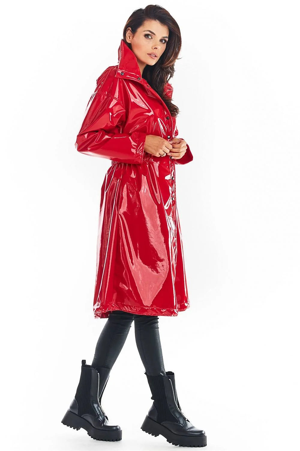 Manteau long vinyle femmes audacieux moderne coupe ample col montant noir rouge confortable