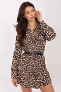robe chemise droite mini imprimé léopard beige marron manches longues col boutonné ceinture amovible cuir double boucle dorée