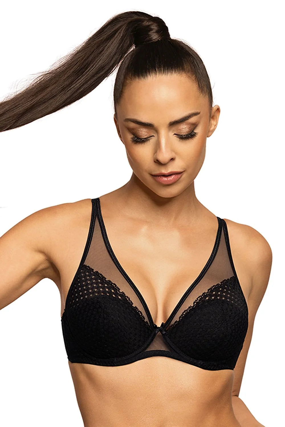 Soutien-gorge push-up élégant en dentelle noire avec motifs en pois, bretelles ajustables, inserts amovibles et coton intérieur femme