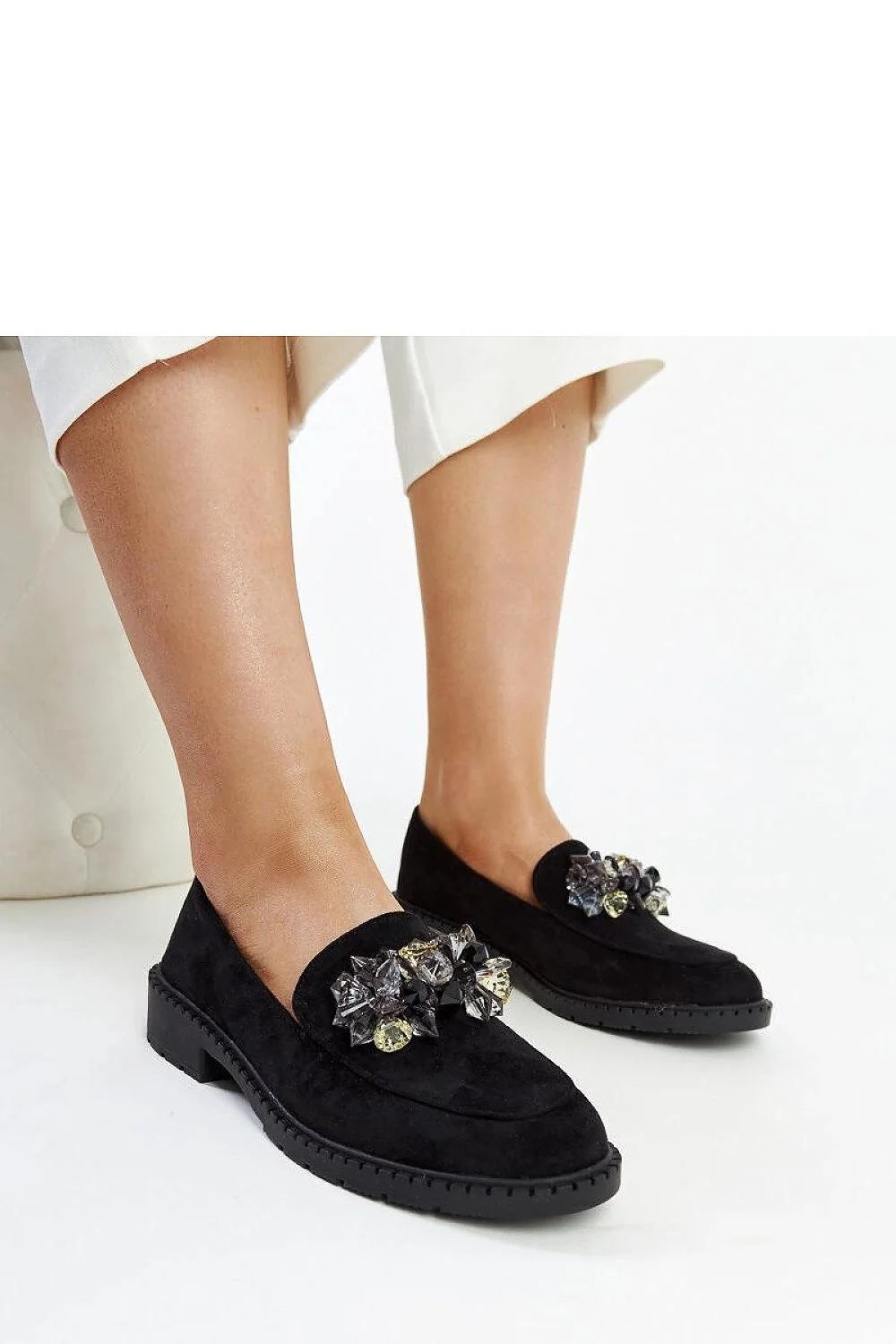 Mocassins pour femme élégants en daim noir, style moderne, confort maximal, occasion spéciale, printemps-été, cuir écologique, talon 3 cm, pierres décoratives, classiques, intemporels, occasions décontractées, style raffiné, mode féminine