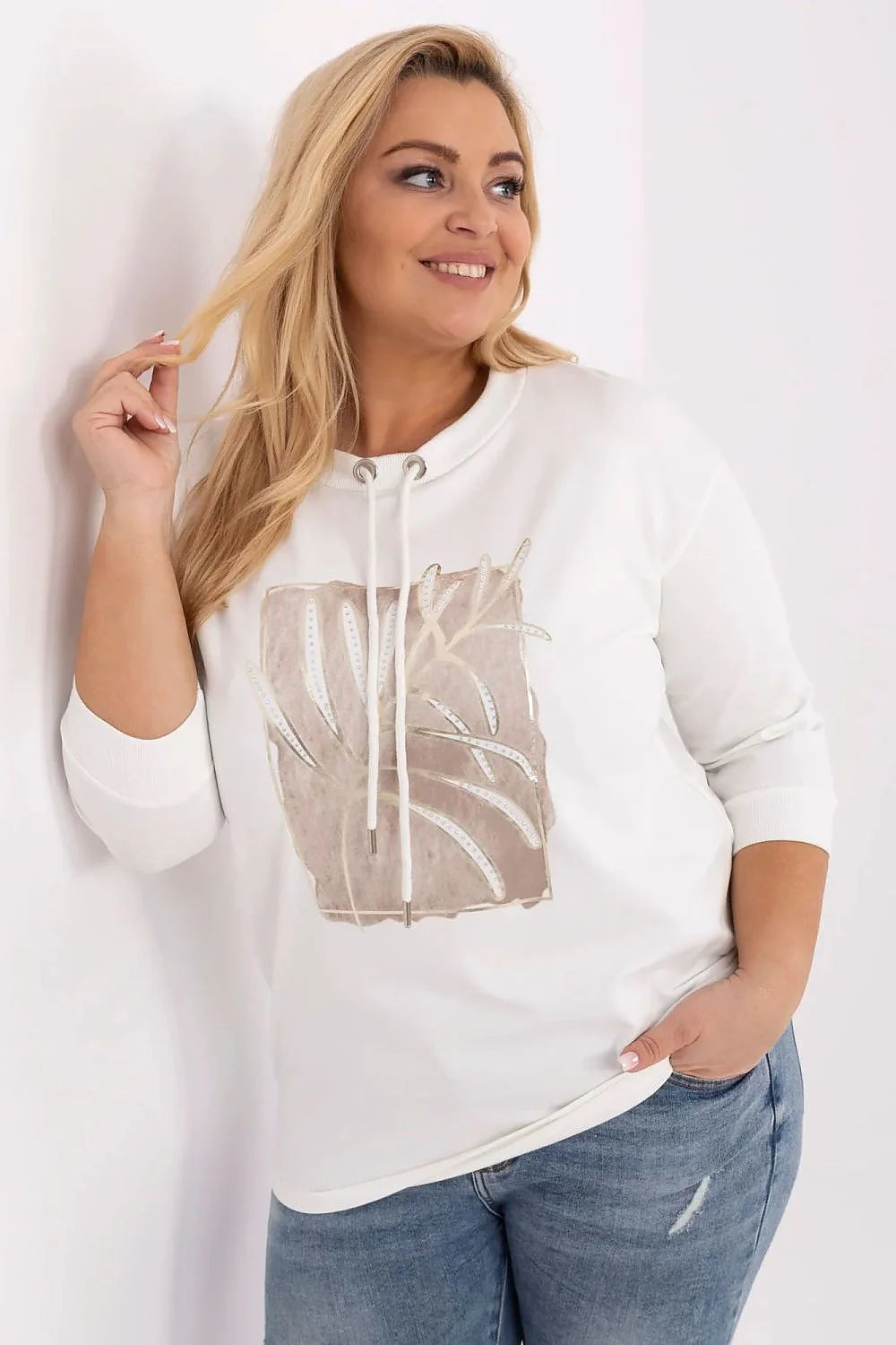 Sweatshirt femme design graphique minimaliste coton mélangé ample longues manches col rond cordon occasionnel
