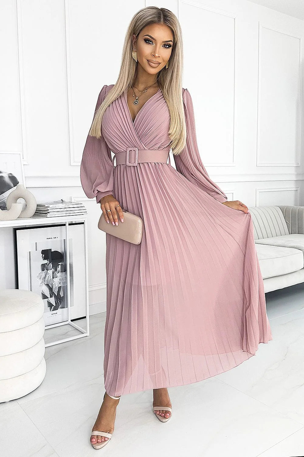 Robe de soirée élégante longue manches longues encolure V croisée rose poudré taille empire ceinture femme Numoco