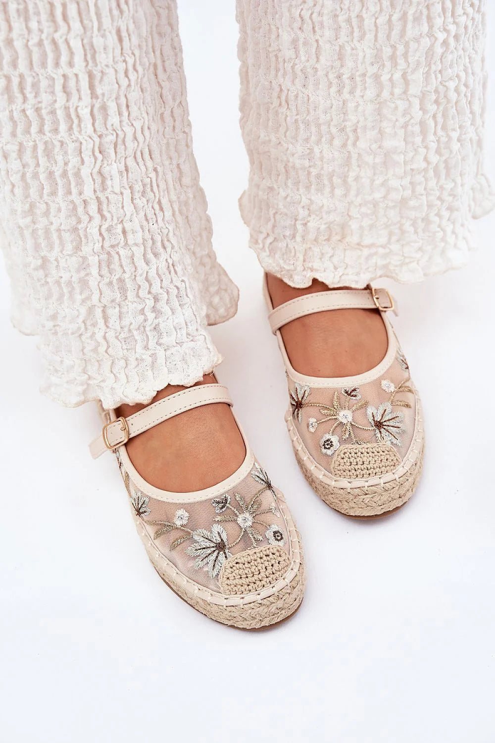 espadrilles femme mary jane bride réglable boucle dorée mesh broderie florale pastel semelle jute plateforme cuir suédé confortable bohème chic