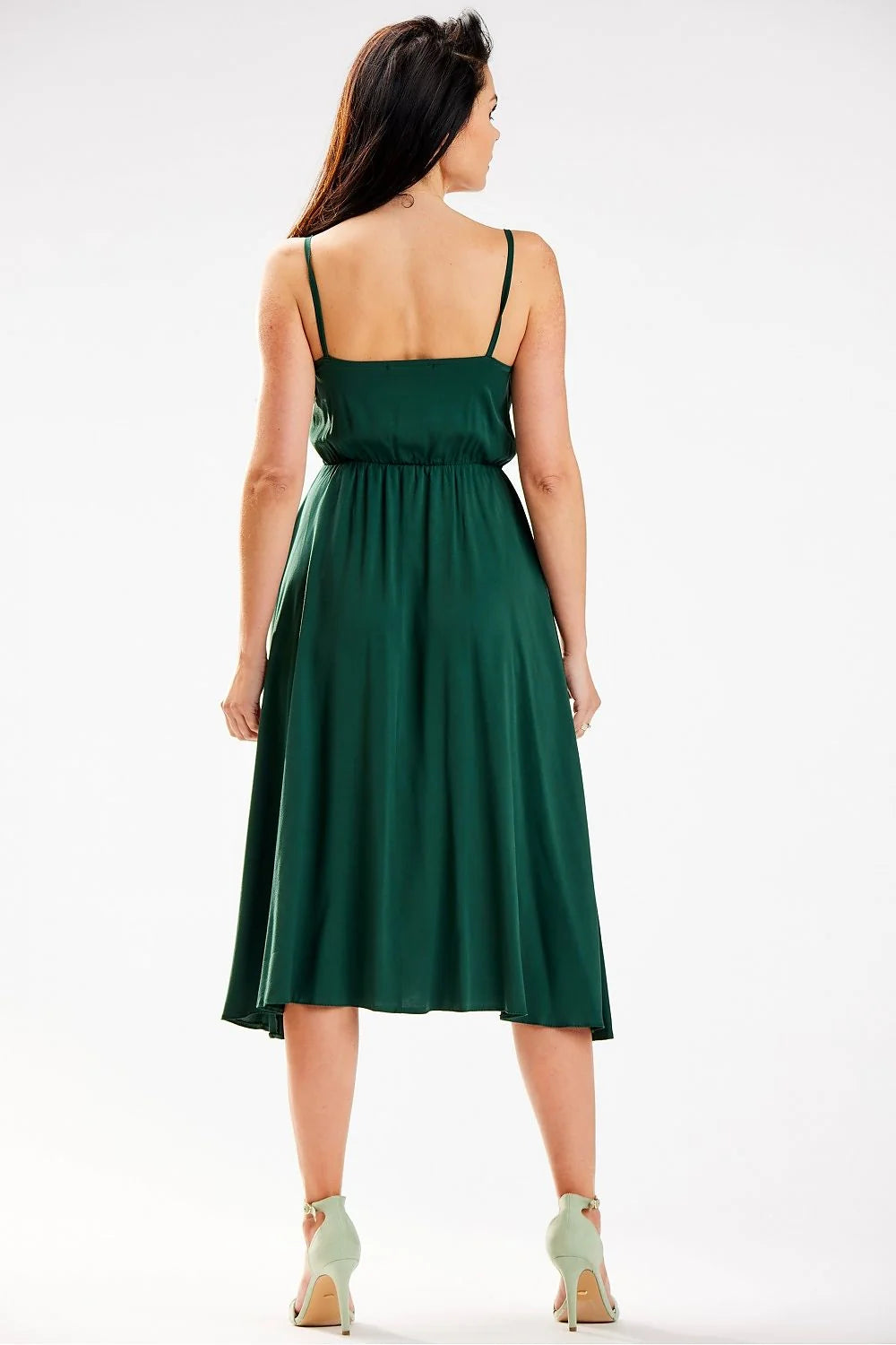 Robe de jour élégante mi-longue en viscose 97% manches courtes col bénitier taille élastiquée couleur verte profonde femme Pologne