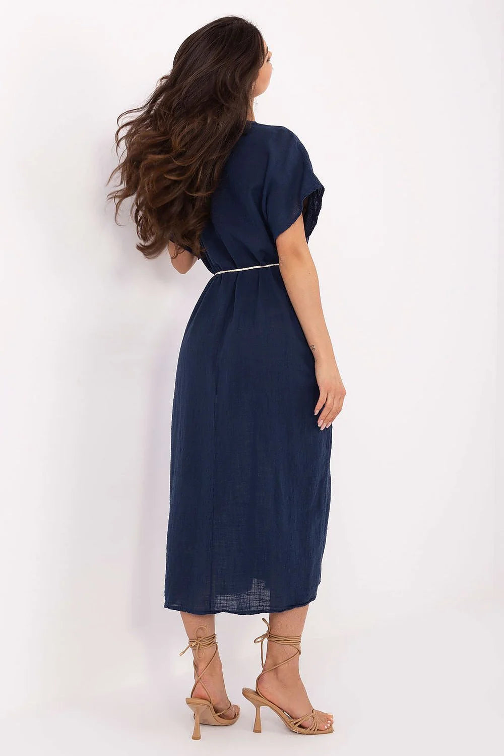Robe d'été Och Bella style boho longue manches courtes en coton bleu marine taille ajustable pour femmes
