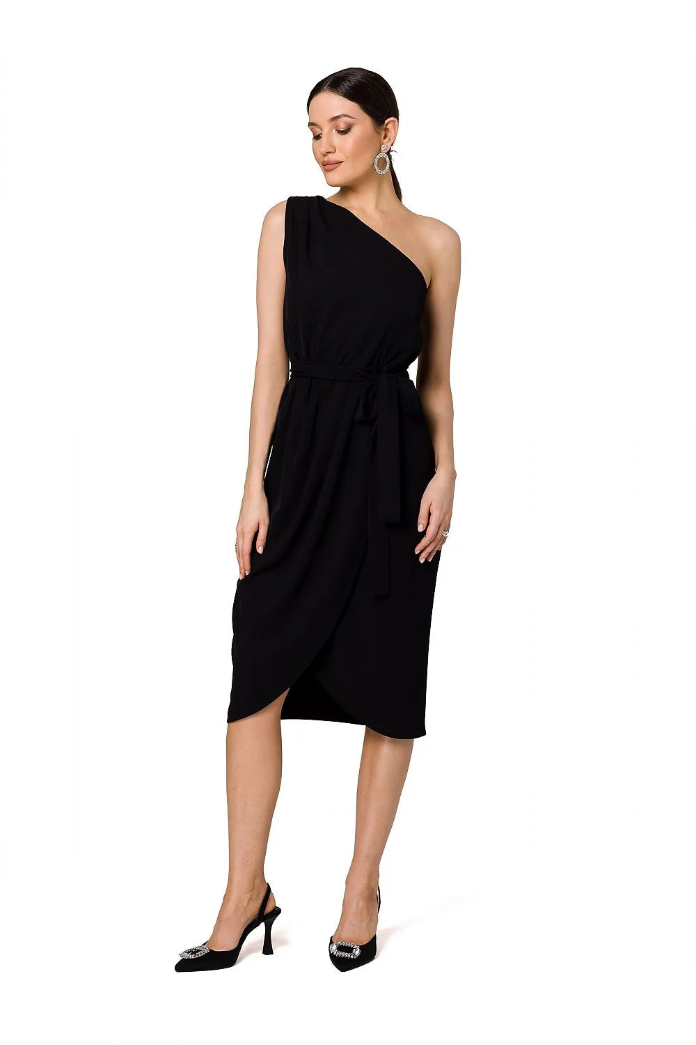 Robe de cocktail Makover asymétrique une épaule longueur midi tissu fluide noire ceinture assortie femme