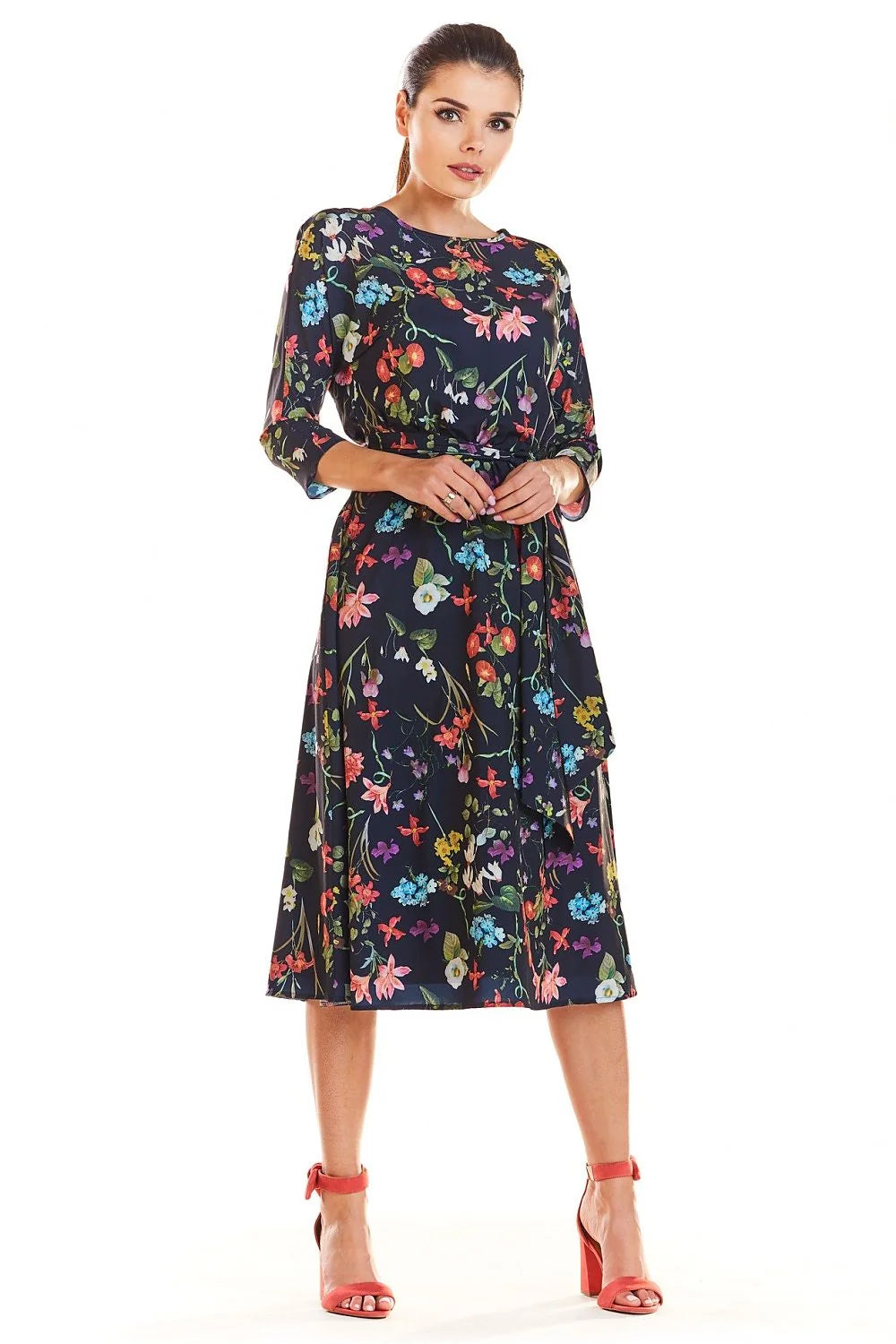 robe midi imprimée femme manches troisquarts col rond ceinture nouée ajustée évasée bohème chic fluide légère multicolore corail olive bleumarine