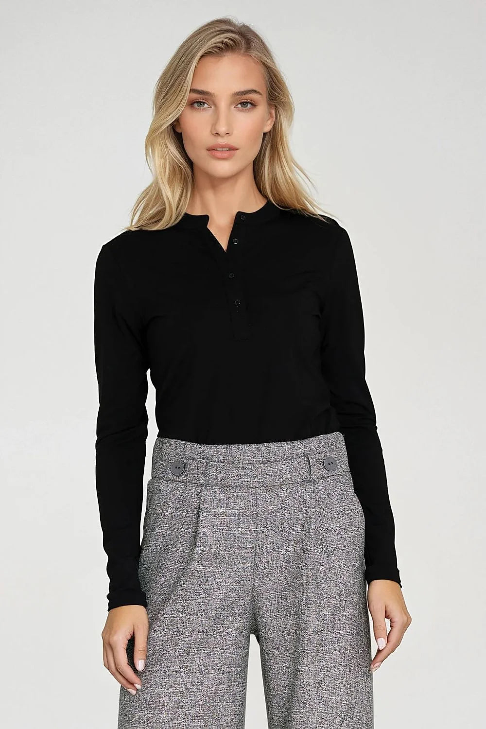 chemisier élégant femme coupe ajusté silhouette extensible spandex col polo montant manches longues boutonné demi décolleté sportif polyvalent quotidien confortable