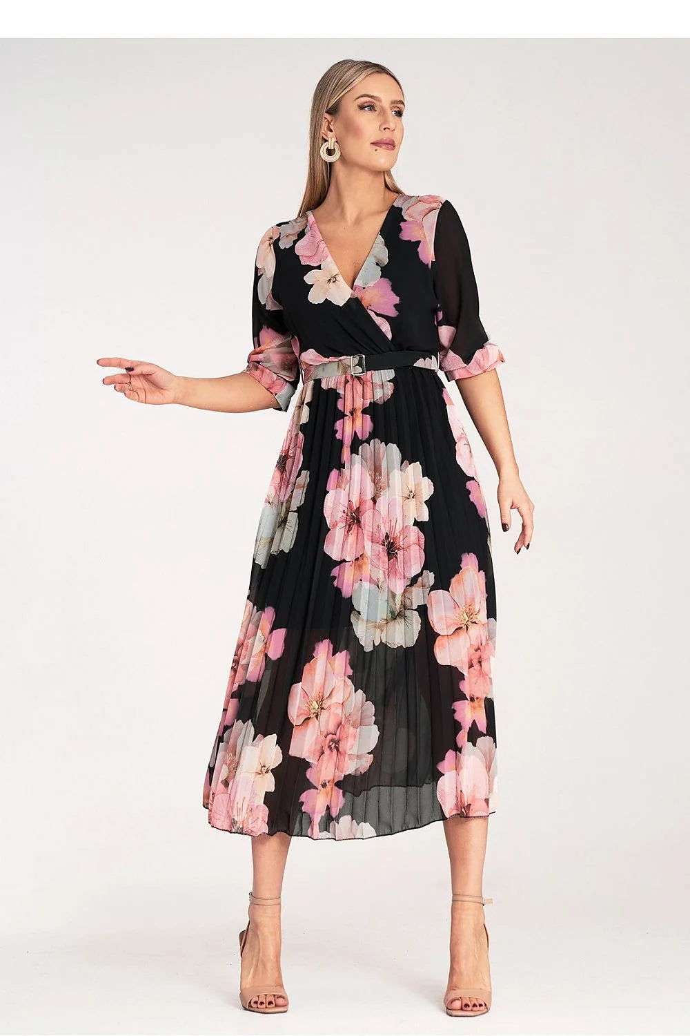 Robe de jour élégante à imprimé floral manches 3/4 taille élastique avec ceinture en tissu fluide pour femme