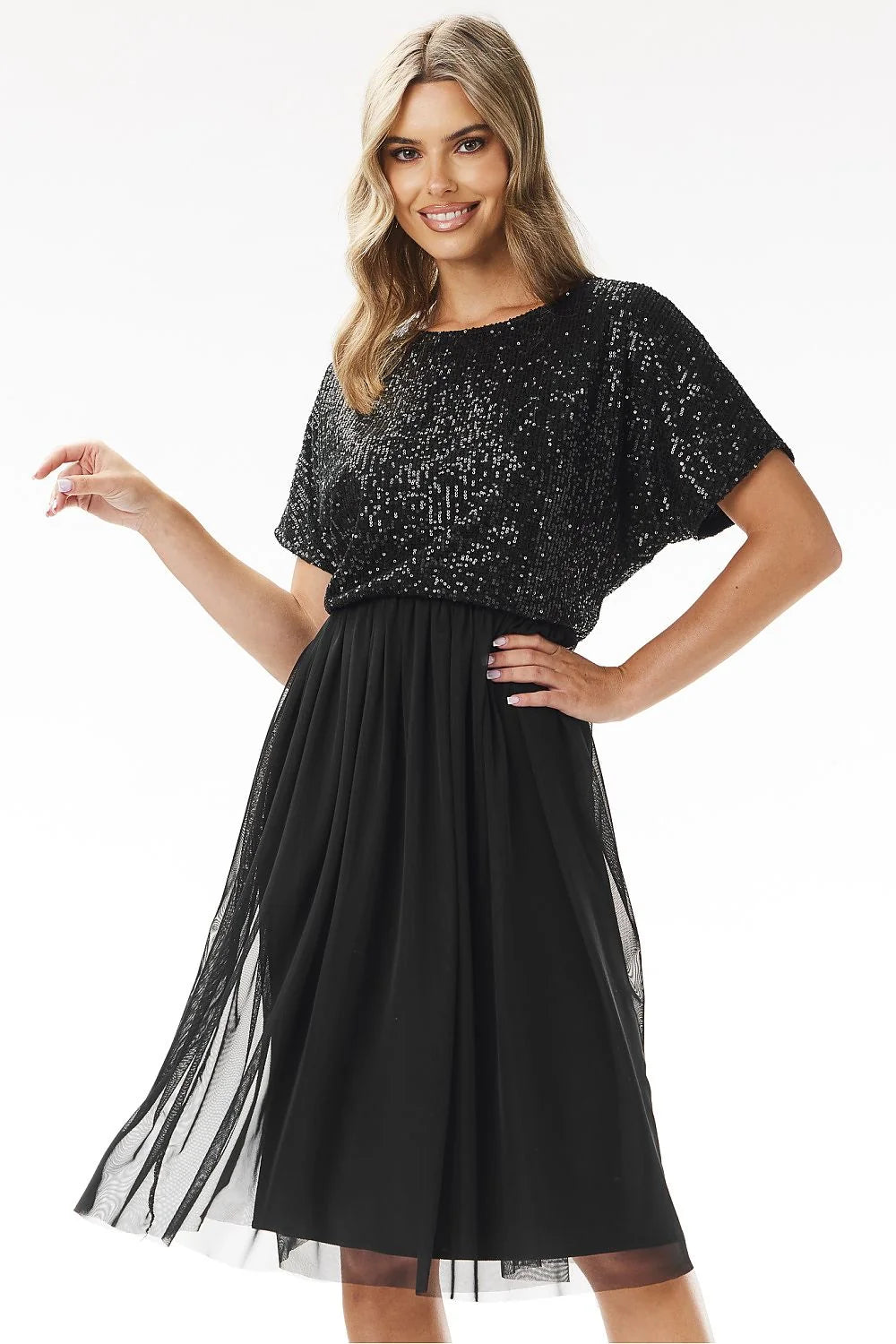 Robe de soirée élégante Awama midi sequins tulle noire occasion spéciale carnaval réveillon mariage femme
