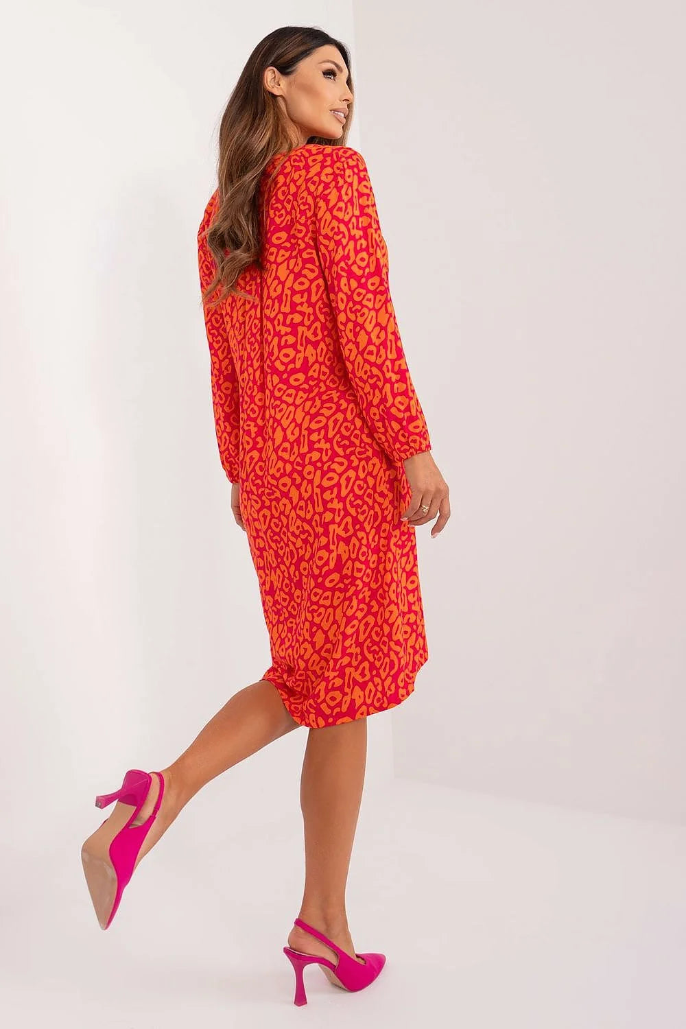robe audacieuse moderne femme manches longues encolure V coupe droite fluide tombé mi cuisse léger respirant imprimé léopard jaune rouge