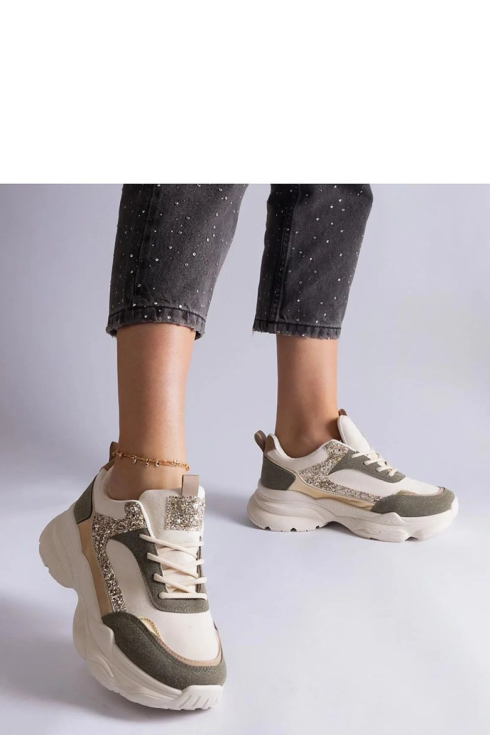 Baskets mode femme Solea design sportif contemporain tige mixte paillettes beige taupe semelle épaisse lacets confortables occasion quotidienne et soirée