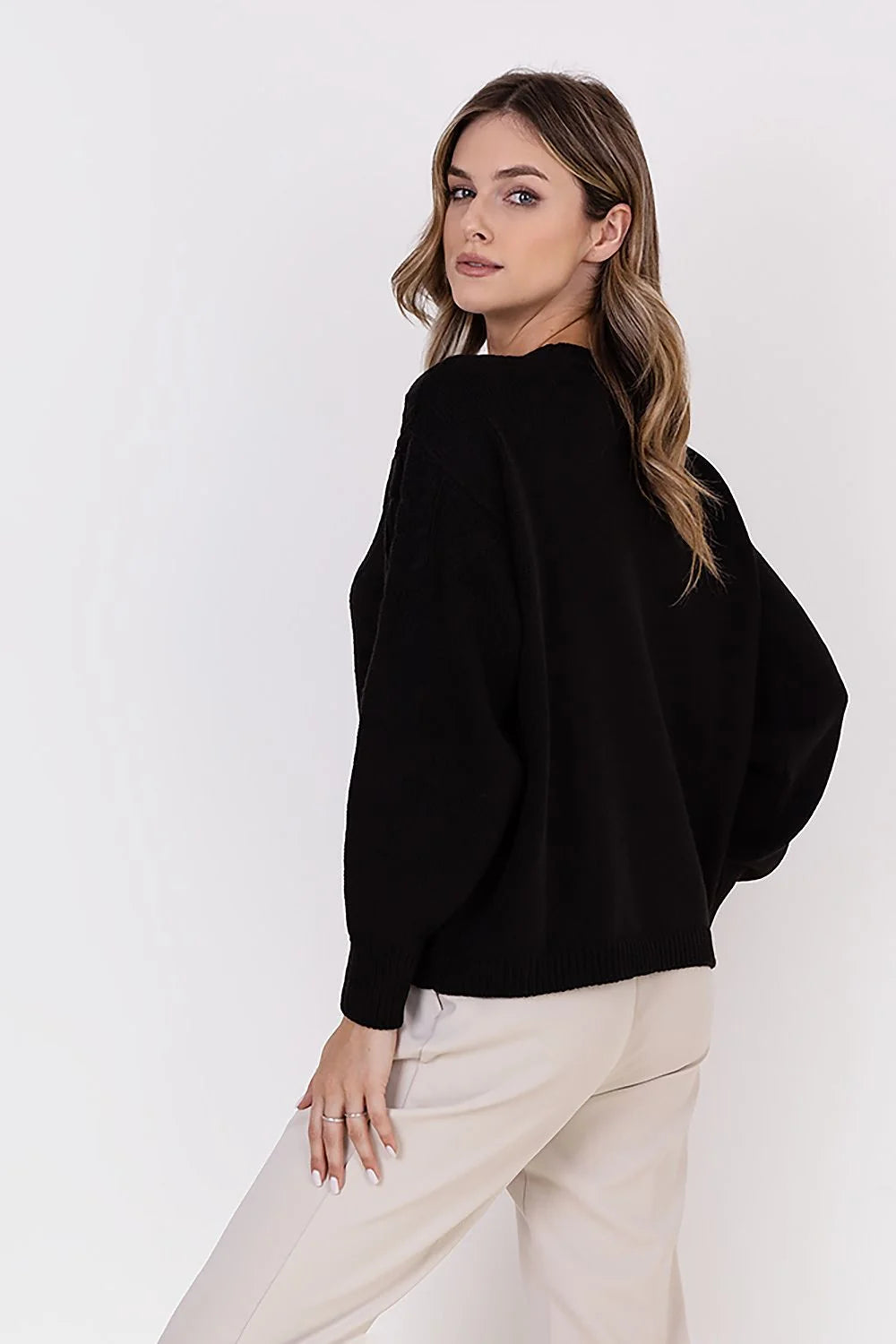 Pull femme MKM en acrylique et laine, noir, style sportif, coupe ample, motifs écossais, manches longues, col rond
