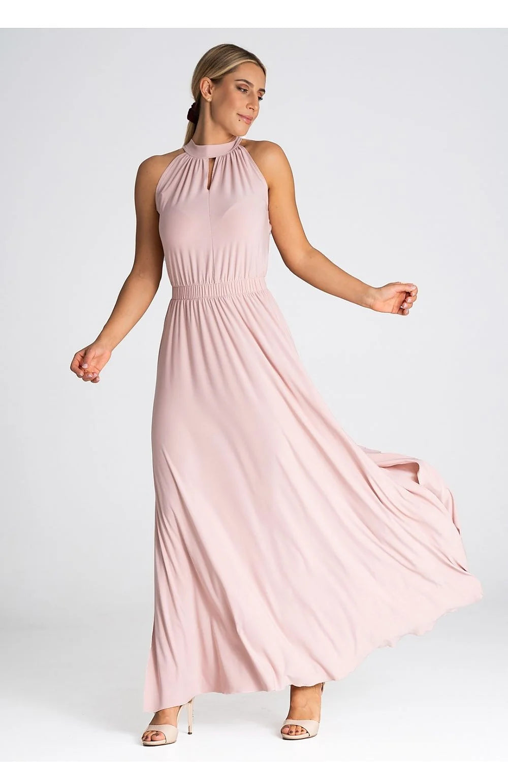 Robe de cocktail élégante longue sans manches couleur rose pâle matière fluide élastique à la taille fente latérale idéale pour soirées élégantes