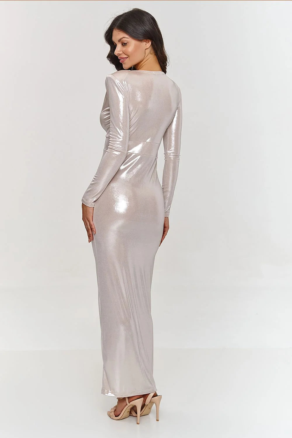 Robe longue élégante en tissu métallique style soirée décolleté V croisé manches longues fente haute pour femmes