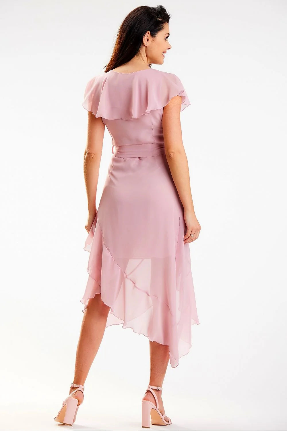 Robe portefeuille élégante en chiffon rose pâle avec volants asymétriques, ceinture en tissu, col V, polyester 100%, taille ajustable, femme