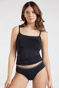 ensemble femme camisole culotte noir microfibre extensible seconde peau bretelles spaghetti col droit ajustée taille mihaute liseré contrastant