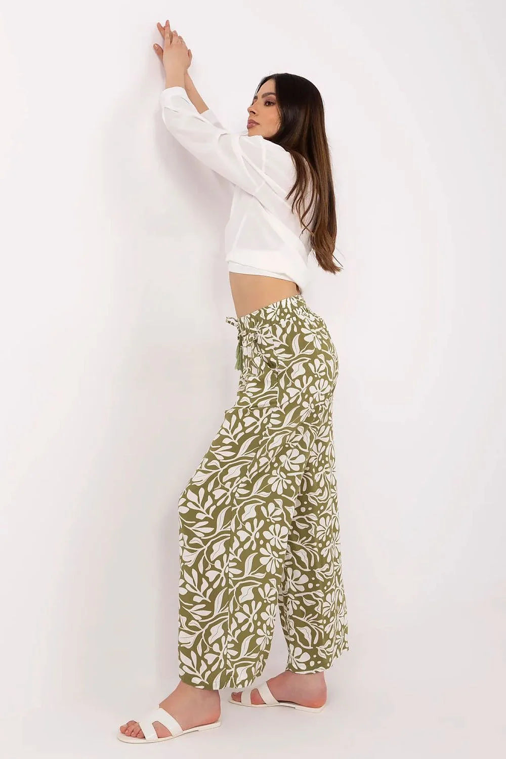 Pantalon femme décontracté viscose vert olive blanc taille haute coupe ample pantalon large imprimé floral abstrait