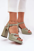 sandales femmes talon block cuir imitation vert sauge peeptoe plateforme compensée carré double bride réglables semelle rembourrée confortable élégantes