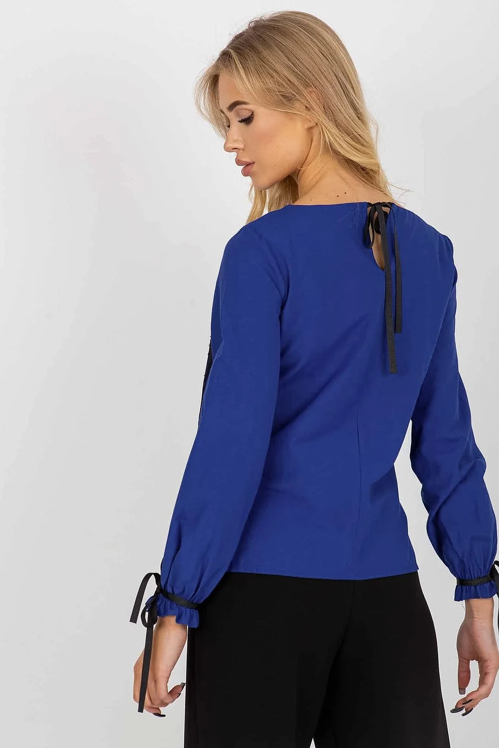 Chemisier Lakerta élégant pour femme manches longues dentelle noire rubans poignets tissu coton 100 % ajusté silhouette