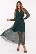 robe longue soirée vert émeraude tulle pailleté portefeuille col V manches longues transparentes jupe asymétrique doublée ceinture nouée taille cintrée