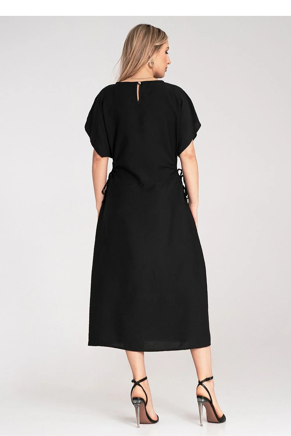 Robe de jour élégante midi manches courtes amples décolleté rond plis tunnels cordon ajustable viscose 100% femme