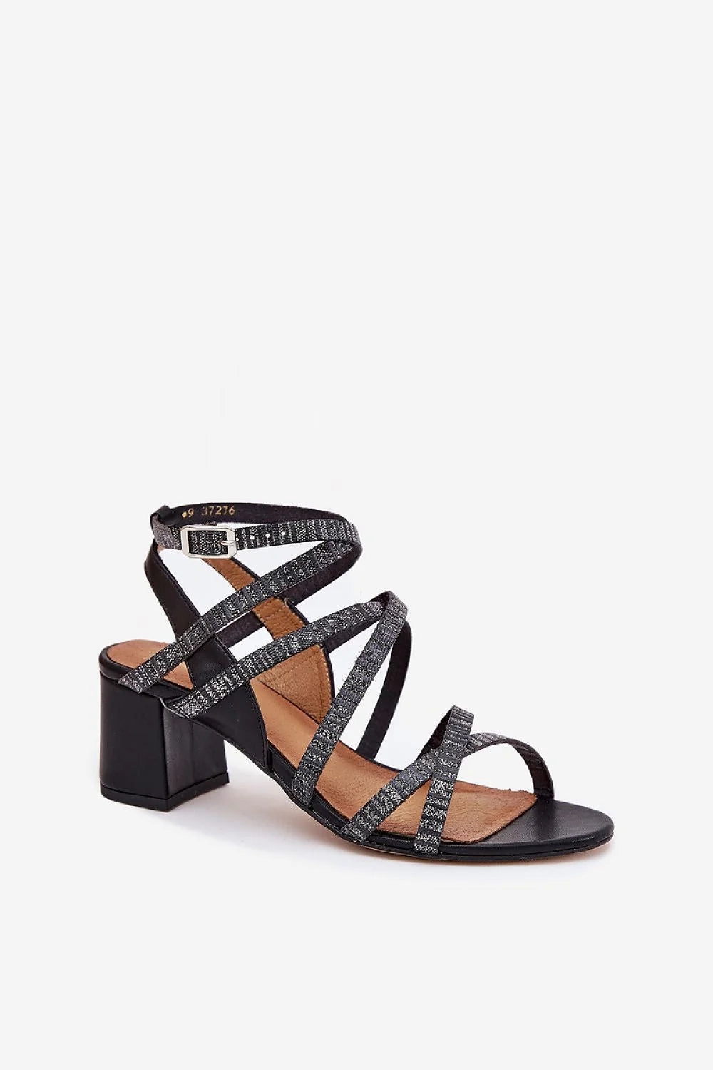 sandales femme talon bloc moyen brides croisées bout ouvert cuir noir scintillant argenté semelle intérieure rembourrée boucle réglable confortable élégant