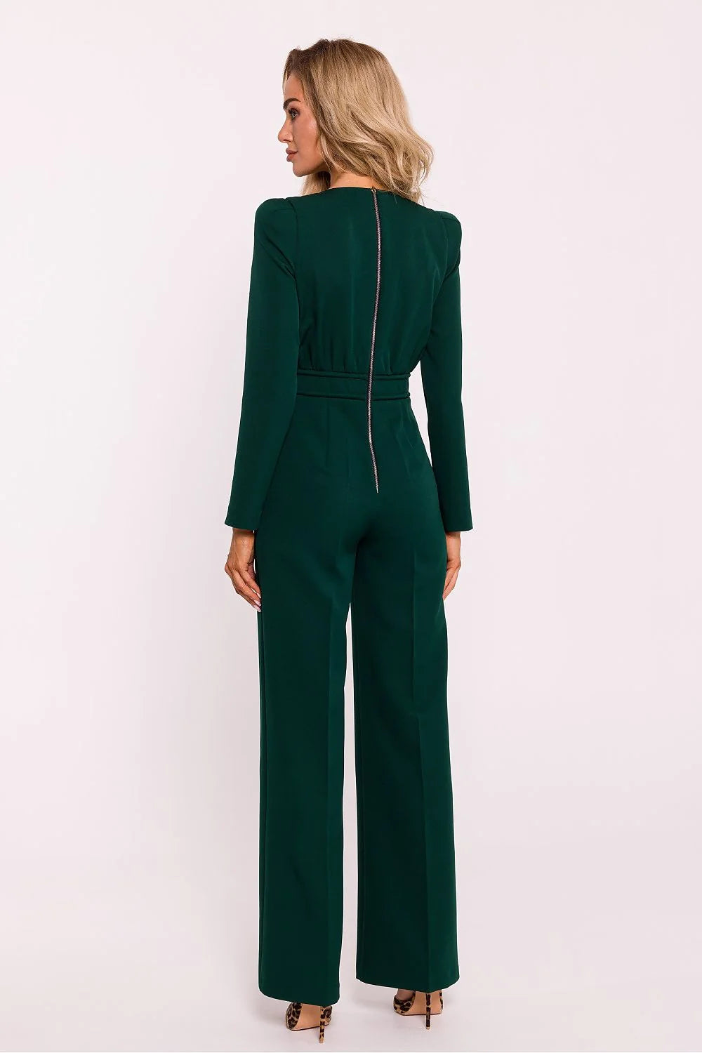 Combinaison Moe élégante vert émeraude tissu synthétique longue manches longues coupe ajustée ceinture femme mode occasionnels formels