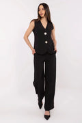 ensemble Italy Moda femme noir tailleur gilet colV profond boutons dorés pantalon large taille haute fluide élégant professionnel confortable stretch