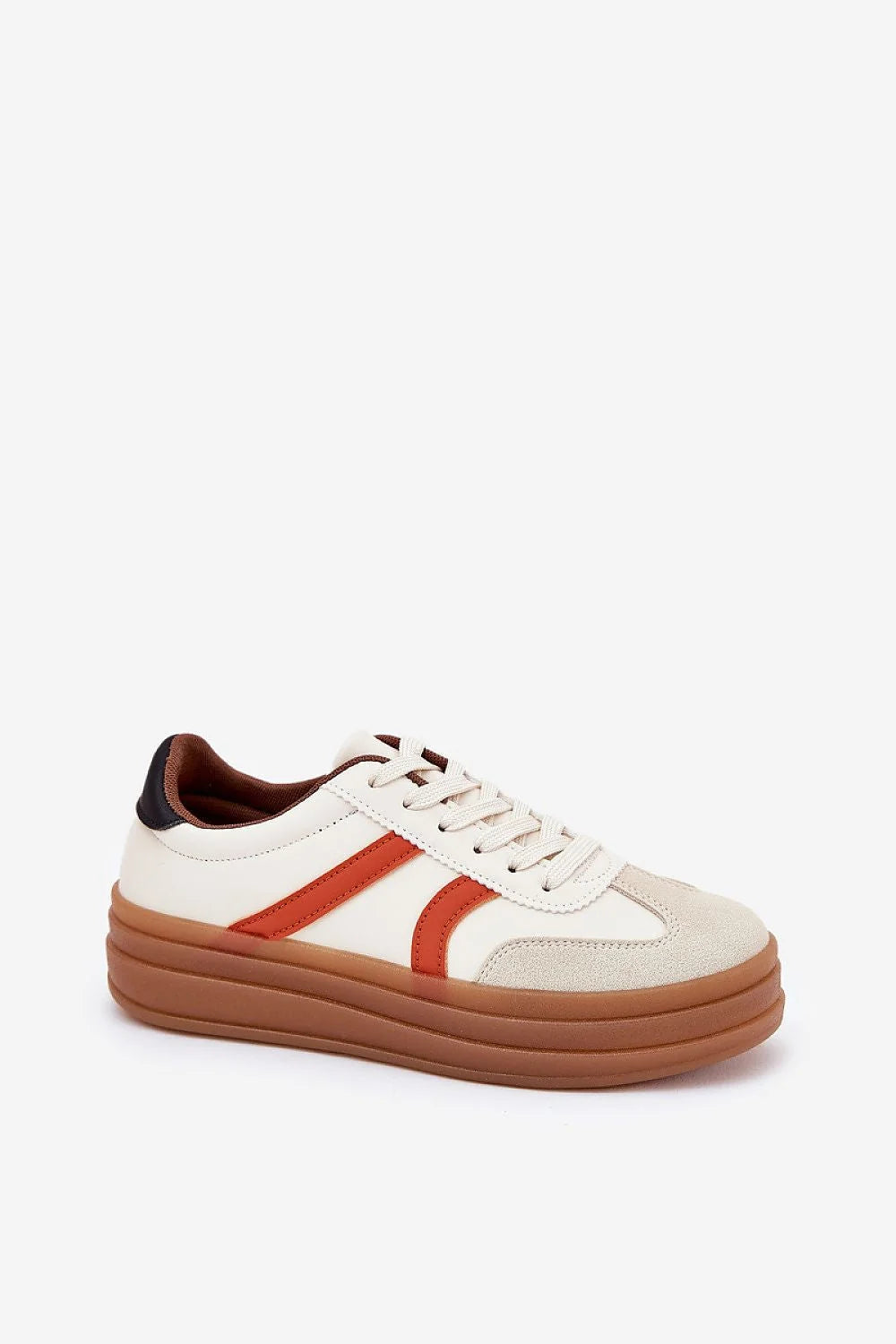 sneakers femme plateforme chunky écru bande orange rouille semelle épaisse marron suédine cuir synthétique lacets rembourré antidérapante amorti