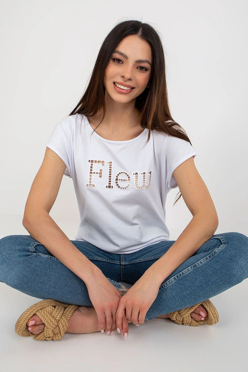 T-shirt Fancy femme style décontracté moderne col rond manches courtes coton élasthanne blanc motif mosaïque Flew beige rose
