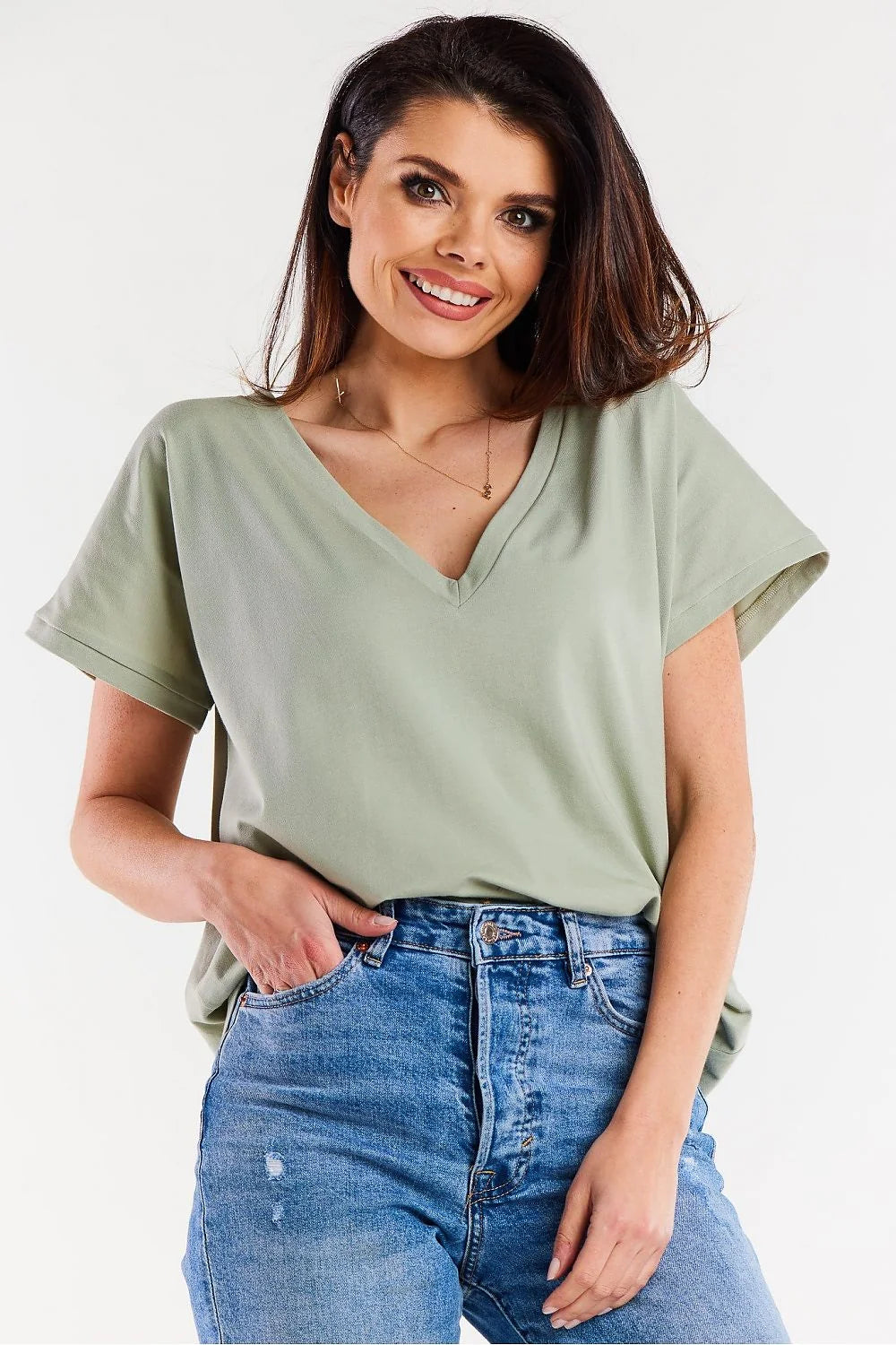 Top femme décontracté vert sauge manches courtes encolure V coupe ample tissu doux léger coton Pologne