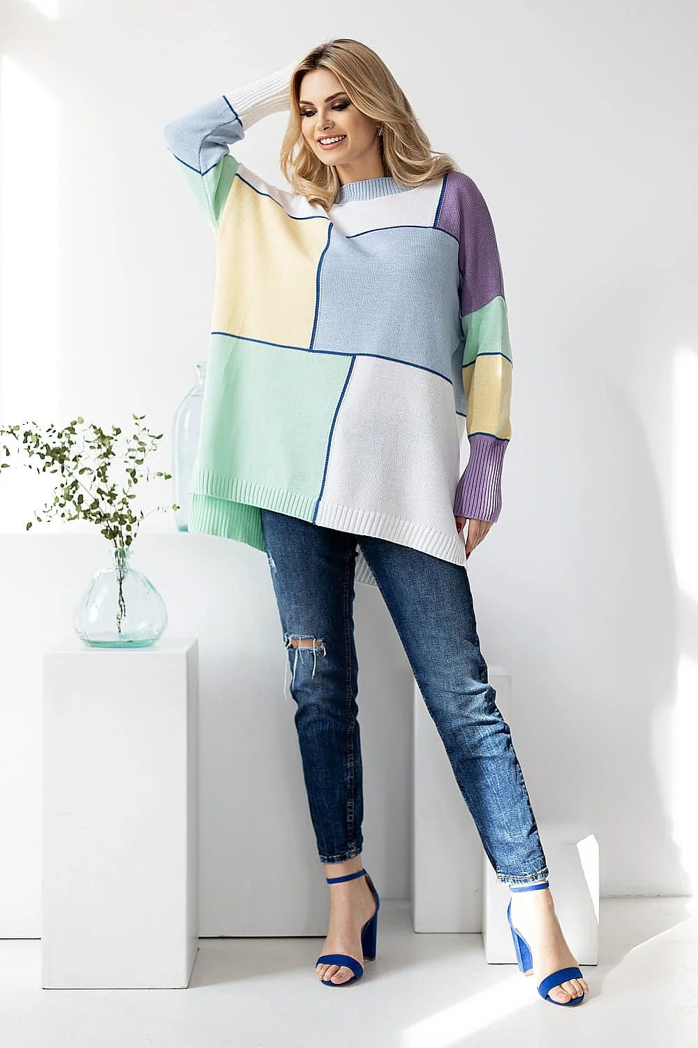 Pull-over patchwork coloré pour femme, ample, manches longues, style casual, coton acrylique, motifs pastel asymétriques, longueur hanches