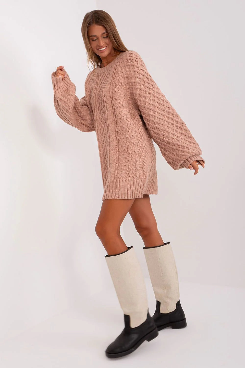 Robe-pull femme mini longues manches maille torsadée laine mélange rose poudré trendy Casual Automne Hiver