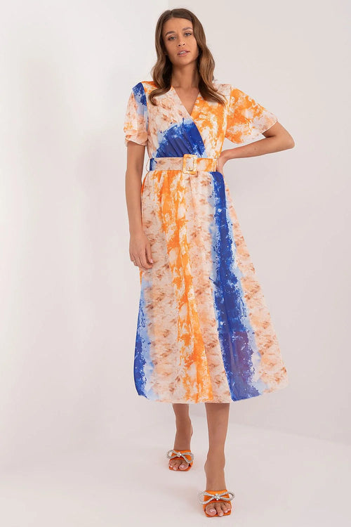 Robe tie-dye bohème chic style V short sleeves puffed fitted waist belt polyester viscose blend summer dress women