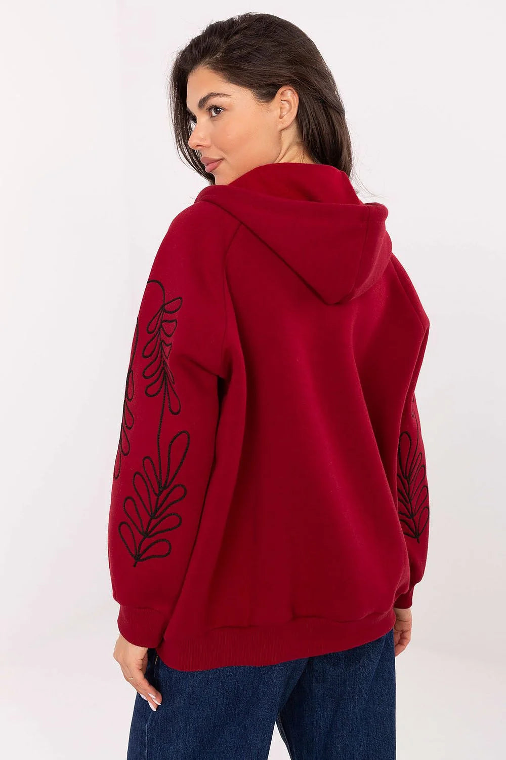 hoodie femme oversize zippé bordeaux molleton épais capuche cordon poches kangourou manches longues broderies florales rembourré