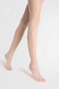 collant 20den résille nude motif losanges entrecroisés points blancs fin extensible nylon élasthanne gousset apparent confort jambes élégant féminin