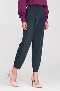 pantalon femme oversize taille haute ballon fuselé cheville bleu pétrole structuré tailleur plis marqués poches carrées passants ceinture fermeture bouton