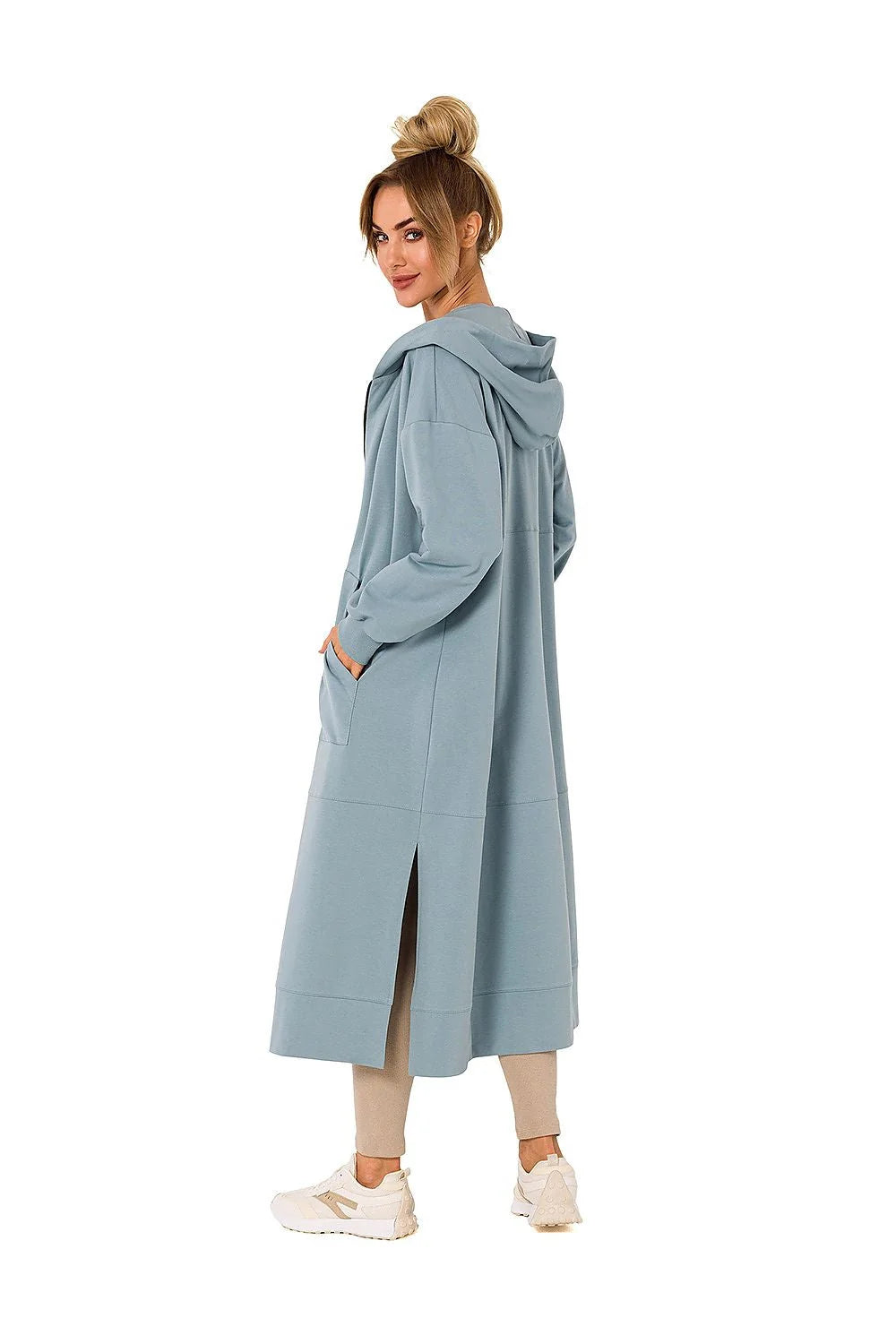 Sweatshirt longue femme hooded zippered poches casual moderne couleur vif vert vif coton élasthanne 90% 10%