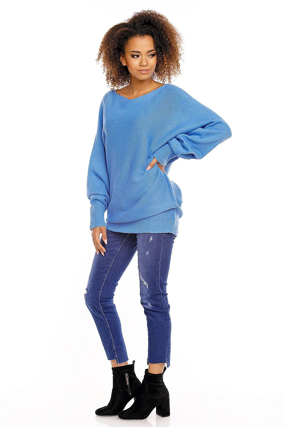 Pullover ample batwing sleeves Pee Ka Boo design moderne casual femmes en maille douce coloris bleu vif