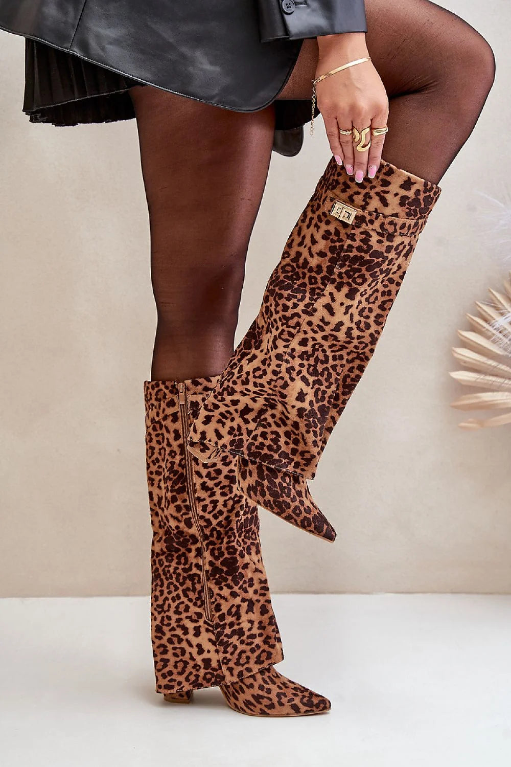 Bottes à talons femmes imprimé léopard éco-suède haute zip décorative élégance mode audacieuse confort durable longues calf