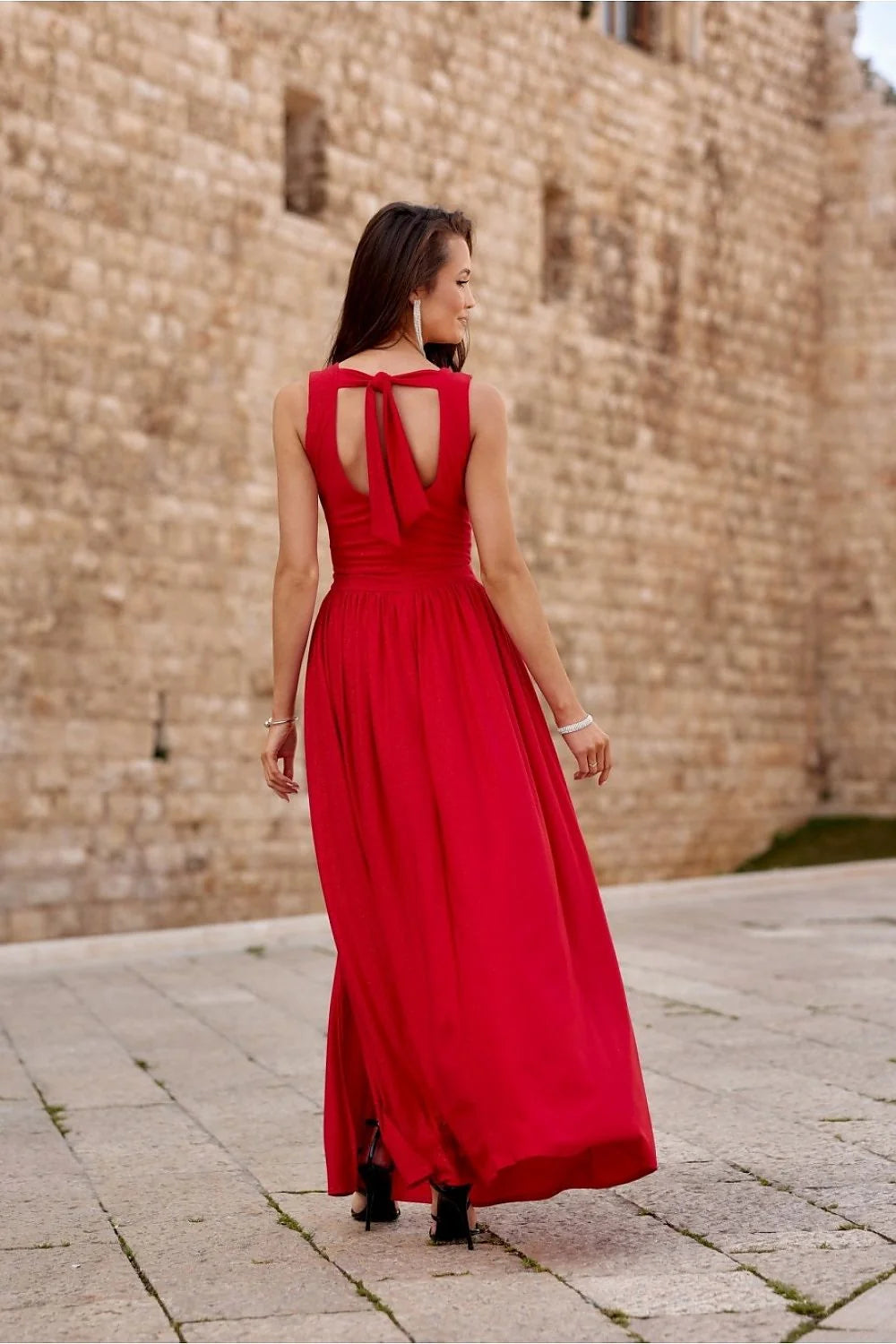 Robe longue élégante sans manches couleur rouge vif en tissu scintillant fente haute dos ajustable pour femme
