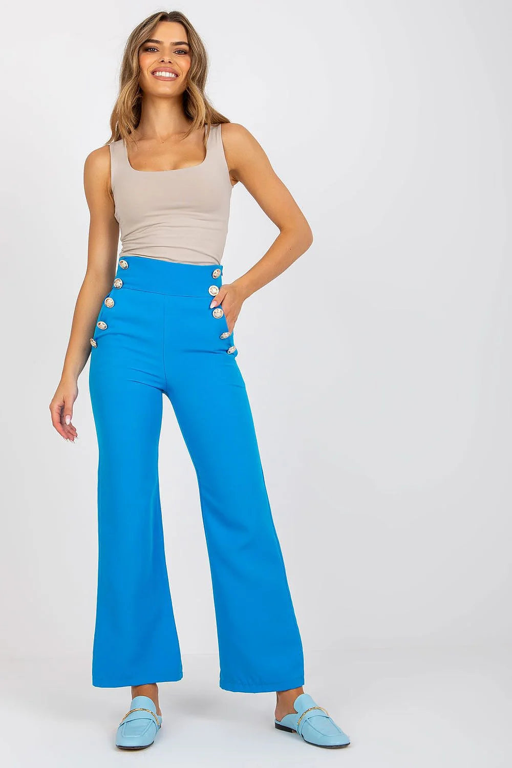 pantalon femme taille haute évasé long beige sable double rangée boutons dorés marin structuré extensible polyester élasthanne cintré sophistiqué